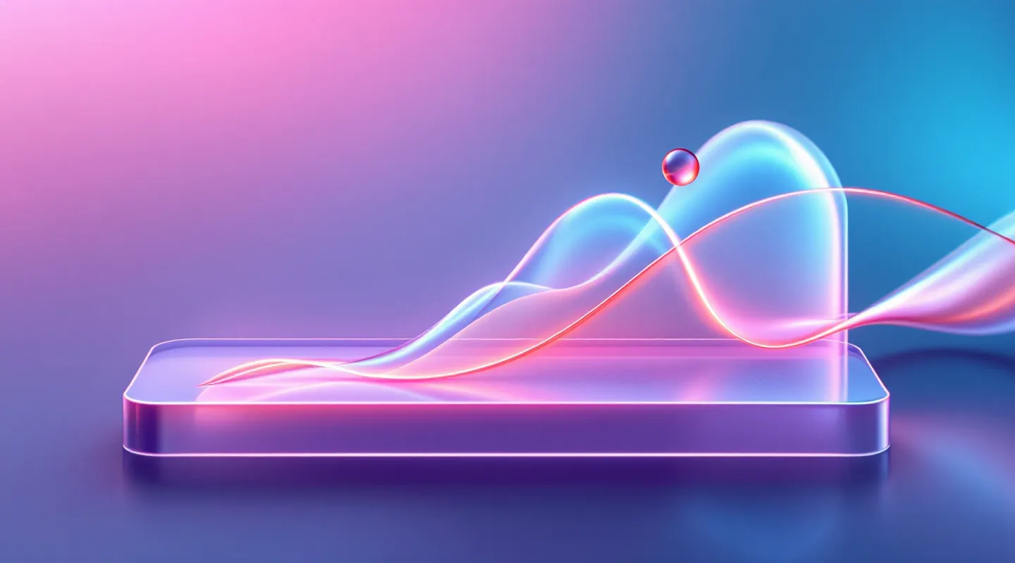 Wide frosted-glass plate floating over a deep-teal aurora ground carrying an iridescent sigmoidal dose-response curve, with four frosted tick chips below the baseline and a copper sphere marking the peak inflection point