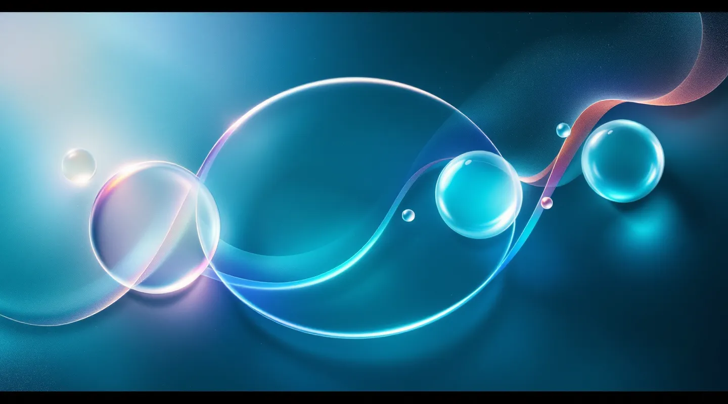 Four translucent frosted-glass discs in circular flow over a deep-teal aurora ground, connected by an iridescent ribbon loop, with a copper sphere floating above the anagen phase disc