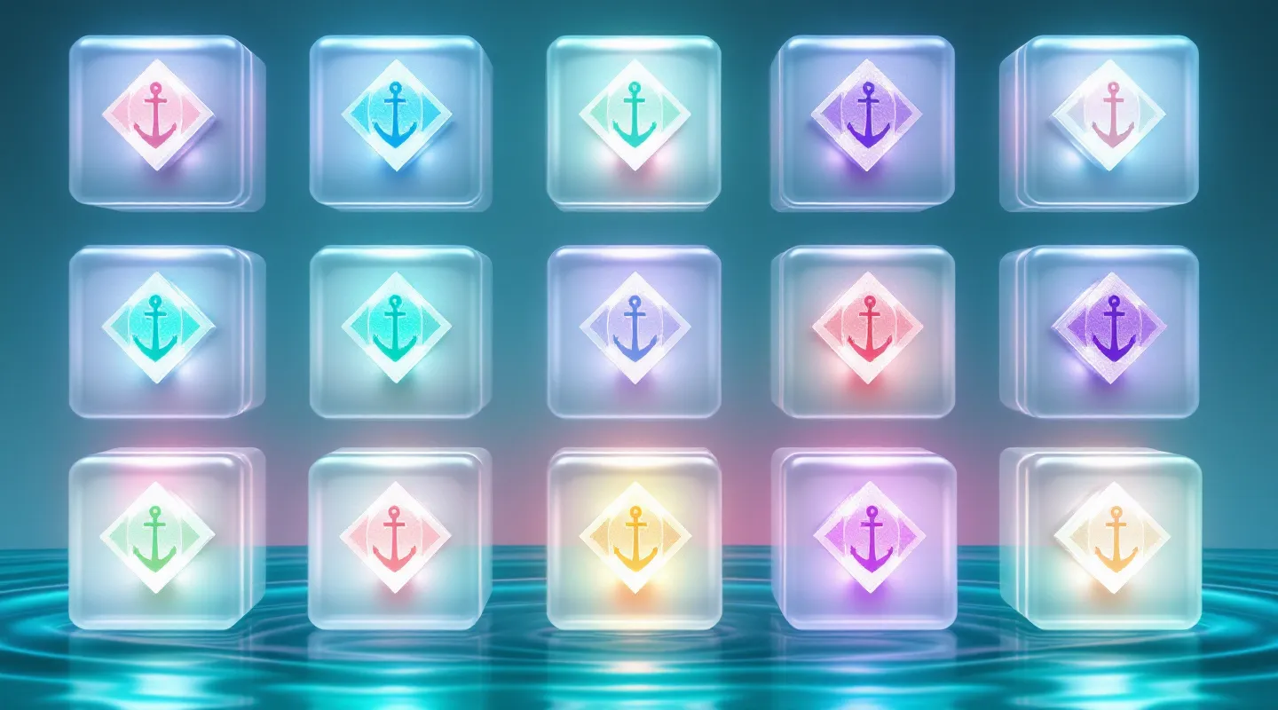 Twelve frosted-glass evidence chips arrayed in a 3x4 grid over a deep-teal aurora ground, with diamond anchors color-coded for evidence, foundational papers, regulatory caution, and research gaps