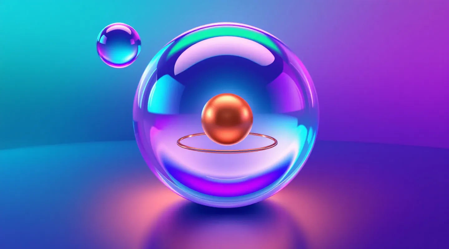 Translucent frosted-glass orb floating over a deep-teal-to-aurora-violet mesh-gradient ground, with a small copper sphere and three orbiting translucent rings visible behind the frosted surface, and a soft iridescent ribbon drifting diagonally above